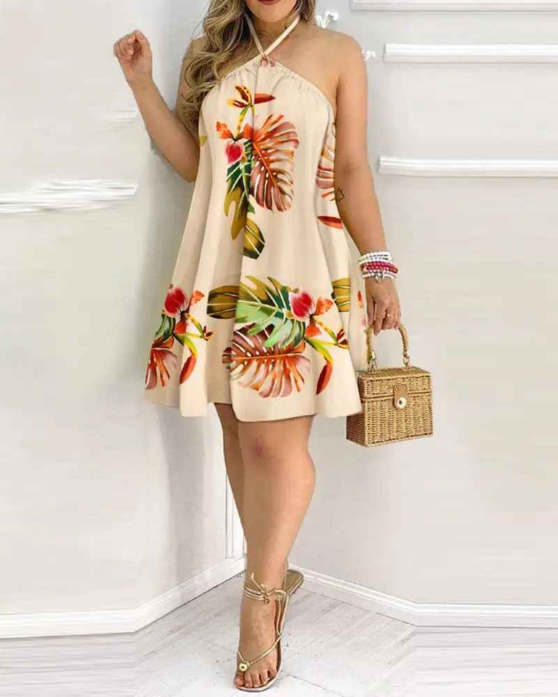 Printed Dress Summer Off-Shoulder Hanging Neck Sleeveless Sexy Dresses Women