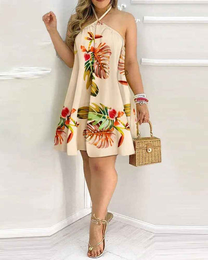 Printed Dress Summer Off-Shoulder Hanging Neck Sleeveless Sexy Dresses Women