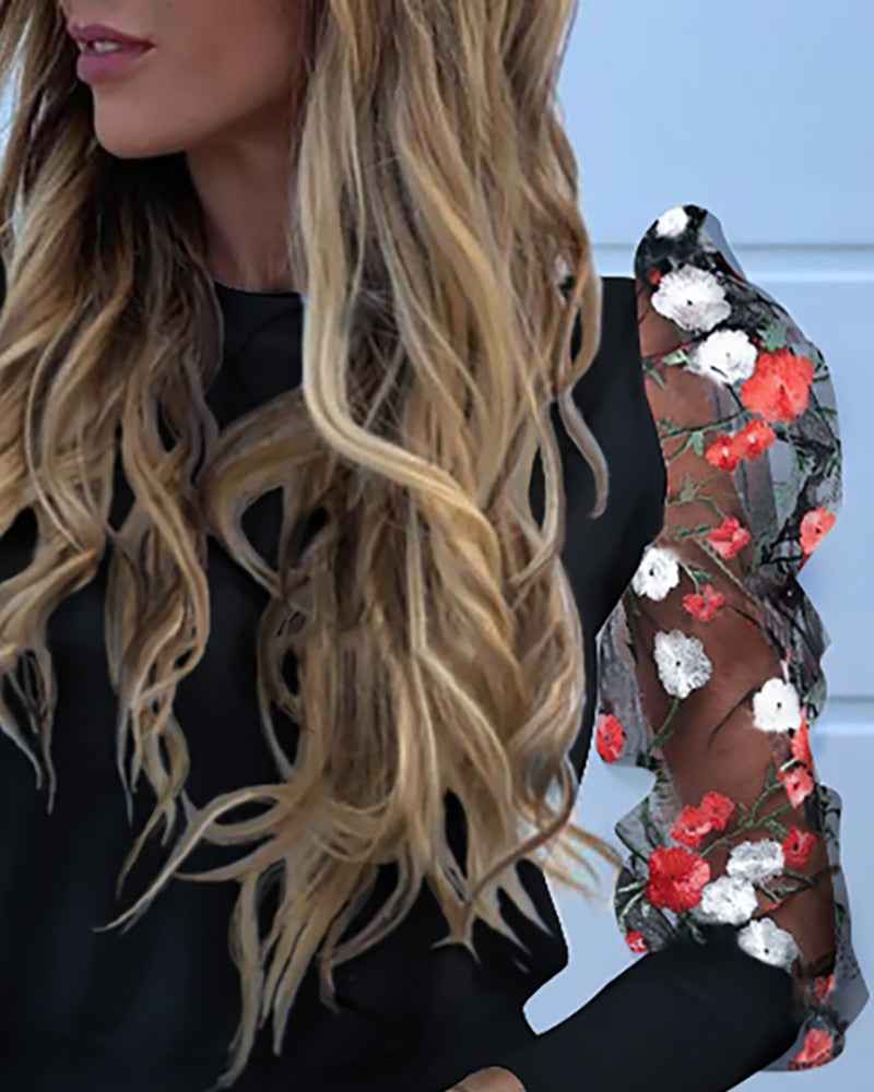 Floral Sheer Mesh Sleeve Blouse shirts
