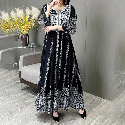 Women's Ethnic Style Floral Embroidered Dress, Elegant 3 4 Sleeve Swing Dress