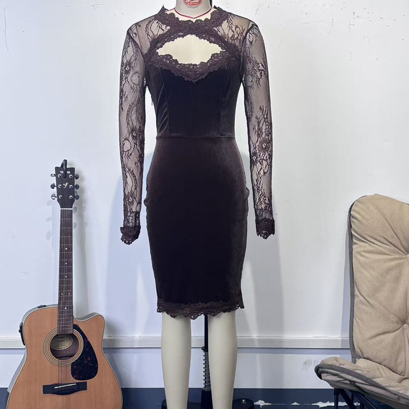 Women's Solid Color Sexy Lace Trim Bodycon Midi Dress, Long Sleeve Party Dress For Spring Autumn Evenings