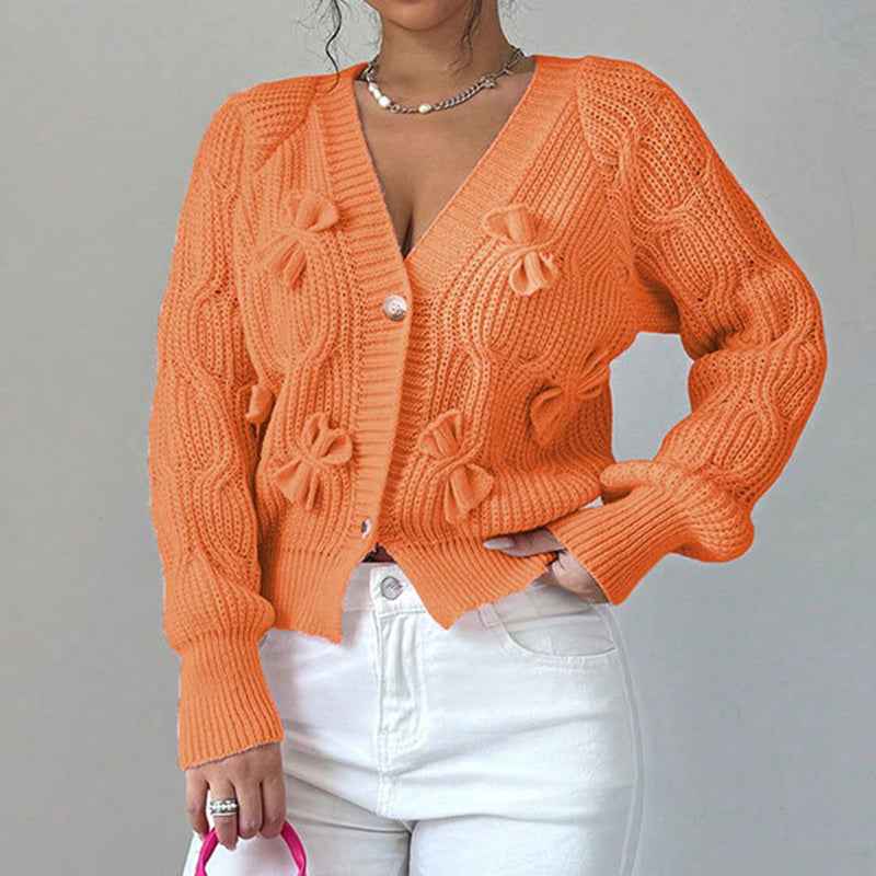 Women's Bow Cropped Cardigan - Long Sleeve V-Neck Button Down Knit Sweater Top