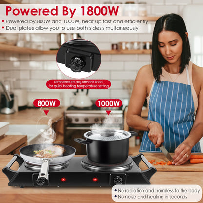 1800W Electric Double Burner Portable Heating Hot Plate Stove Countertop RV Hotplate With 5 Temperature Stepless Adjustments Portable Handles