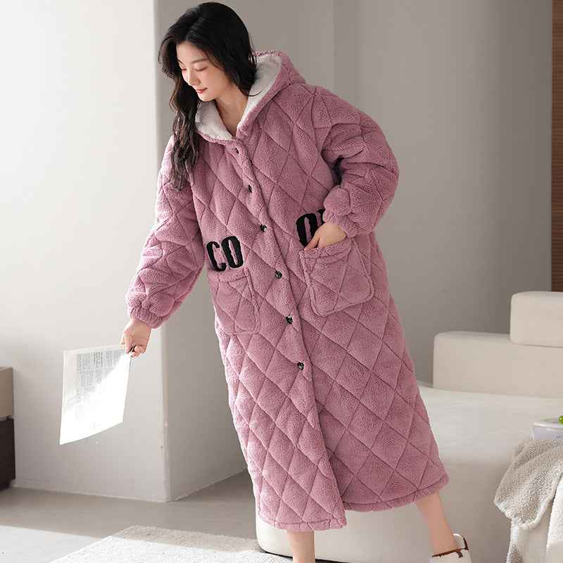 Winter Couple's Robe For Women Thickened And Fleece-lined Long Coral Fleece