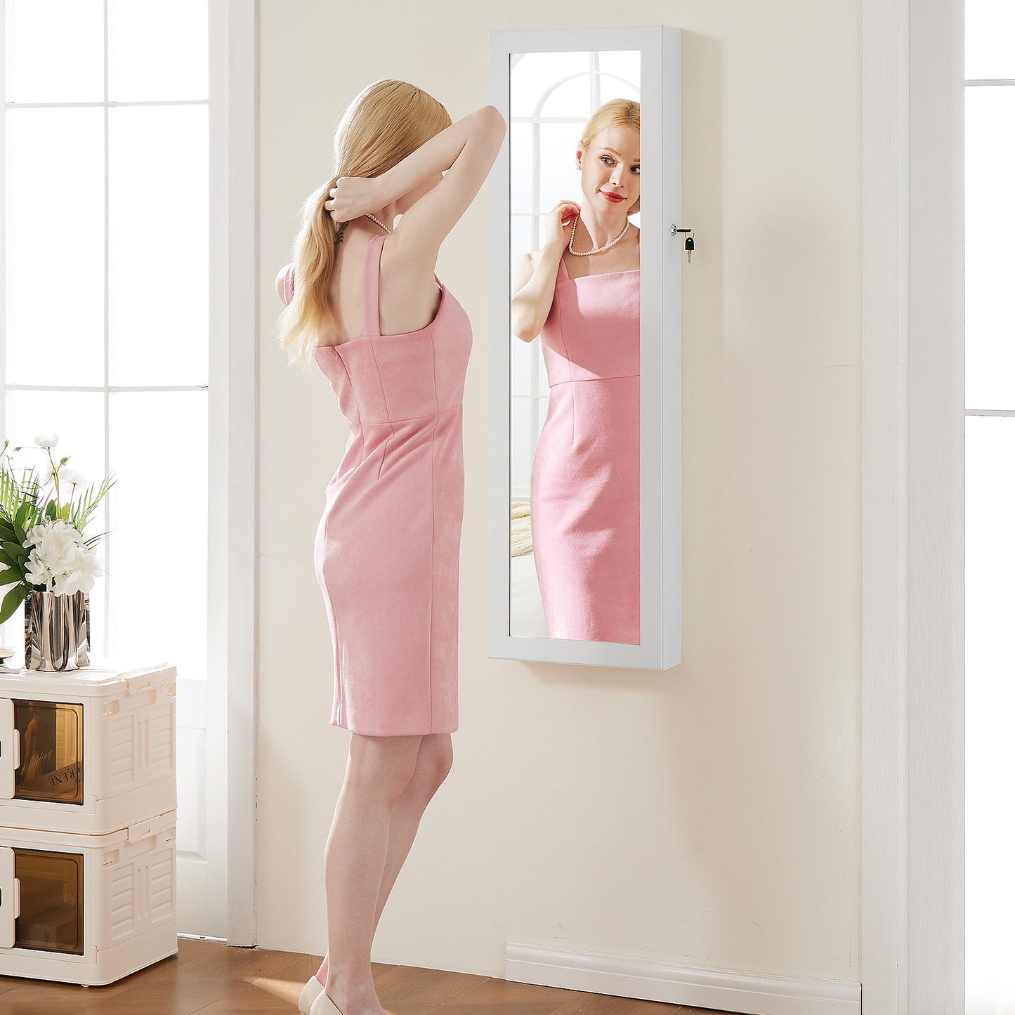 Wall-door Mounted Jewelry Wardrobe Large Capacity Mirror And LED Light Lockable Organizer