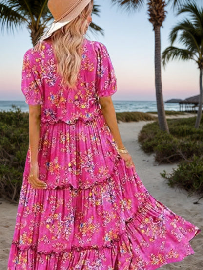 New Summer Casual Bohemian Flower Dress Women’s Bubble Short Sleeve Long Dress With Pocket