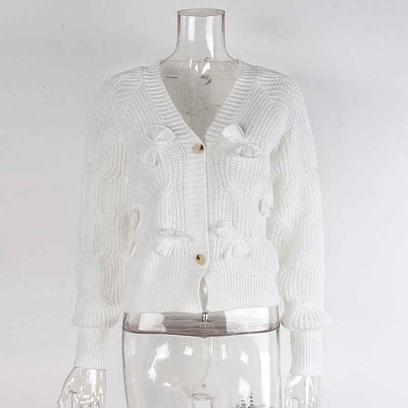 Women's Bow Cropped Cardigan - Long Sleeve V-Neck Button Down Knit Sweater Top