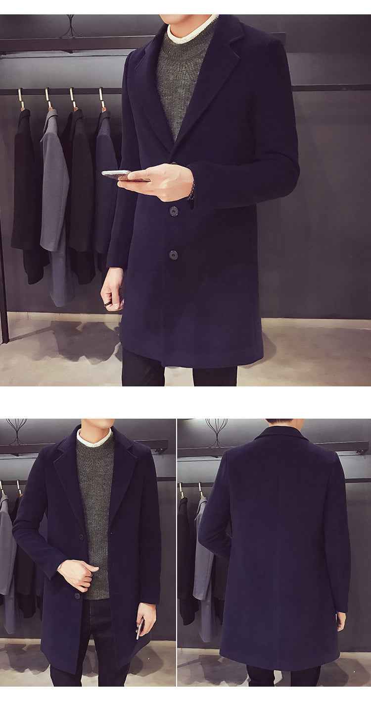 Men Long Cotton Coat 2024 Autumn Winter New Wool Blend Pure Color Casual Business Fashion Slim Windbreaker Jacket Men Clothing