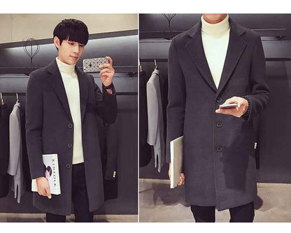 Men Long Cotton Coat 2024 Autumn Winter New Wool Blend Pure Color Casual Business Fashion Slim Windbreaker Jacket Men Clothing