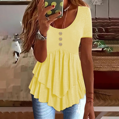 Women's Solid Color Button Front Tunic Top Casual Loose Fit Crew Neck Summer Blouse T-Shirt