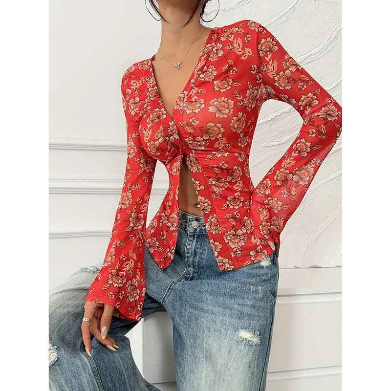 Women Button Down Floral Shirts 2025 Fall Trendy Long Sleeve V Neck Ruched Fitted Blouse Tops