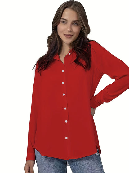 Plus Size Solid Color Shirt Buttons White Black Red