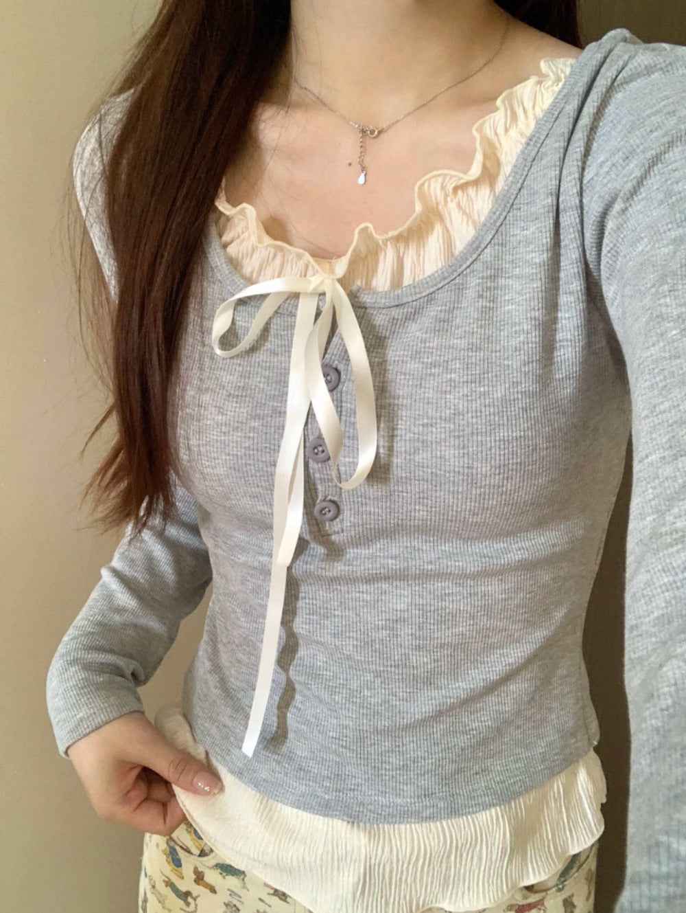 Women's Top With Chest Pad And Wooden Ear Fake Two-piece T-shirts