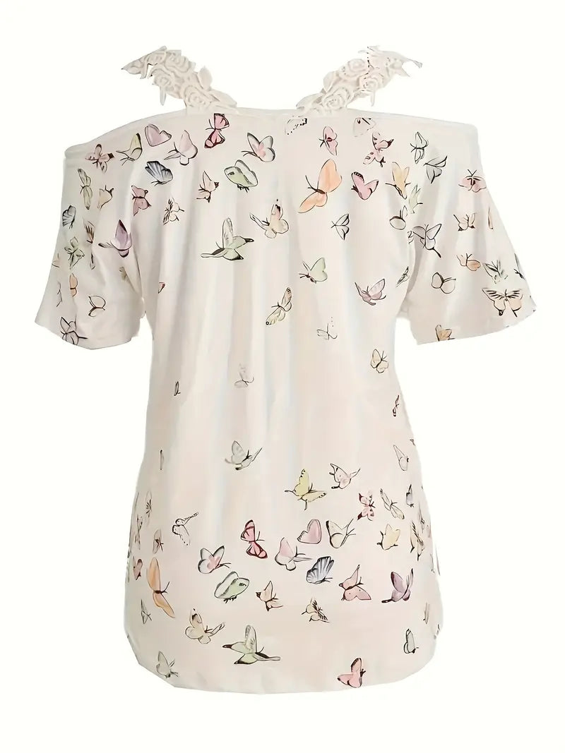 Spring Summer New Butterfly Print V-neck T-shirt Lace Casual Off-the-shoulder Short-sleeved Top