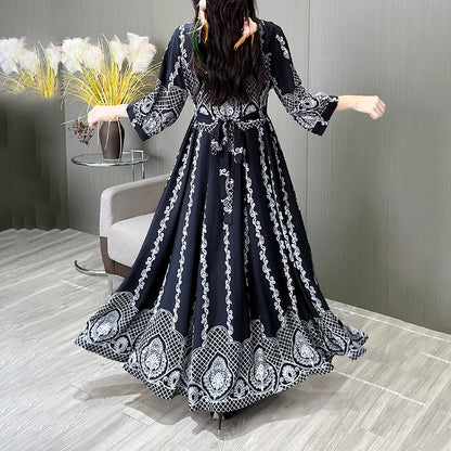 Women's Ethnic Style Floral Embroidered Dress, Elegant 3 4 Sleeve Swing Dress
