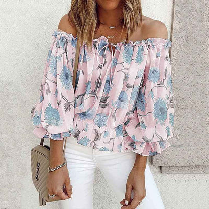 Womens Summer Off Shoulder Blouse Floral Print Ruffle Sleeve Casual Chiffon Tops Shirts