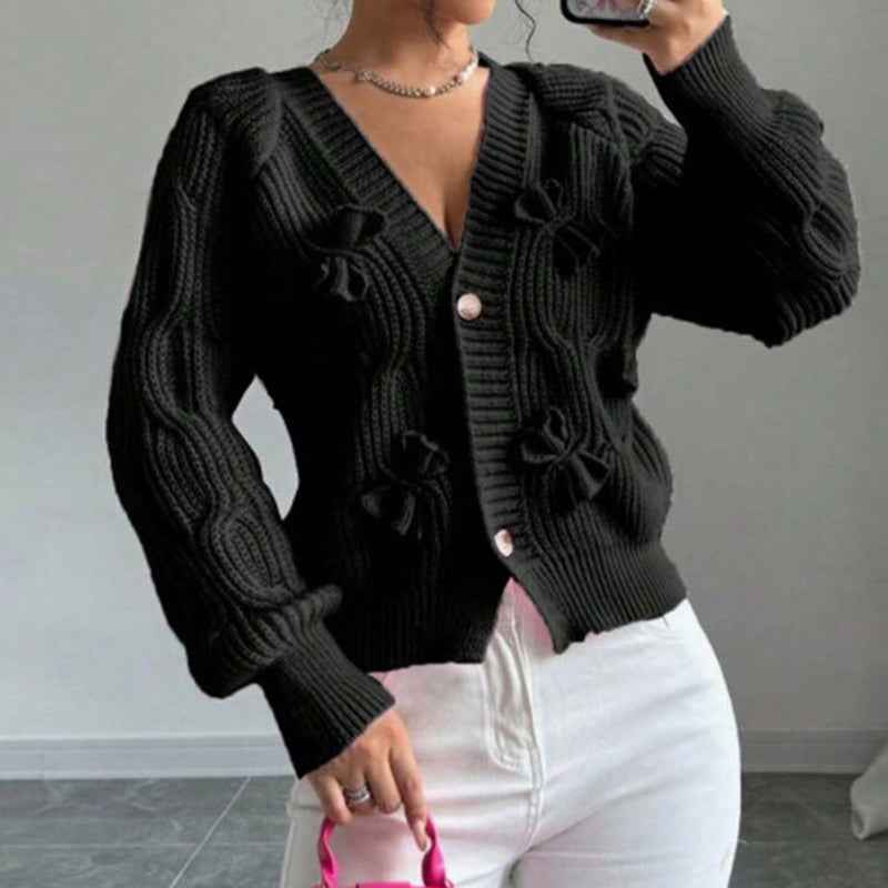 Women's Bow Cropped Cardigan - Long Sleeve V-Neck Button Down Knit Sweater Top