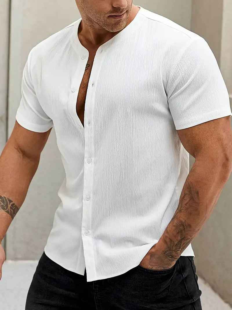 New Cardigan Stand Collar Men's Short-sleeve Shirts