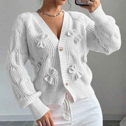 Women's Bow Cropped Cardigan - Long Sleeve V-Neck Button Down Knit Sweater Top