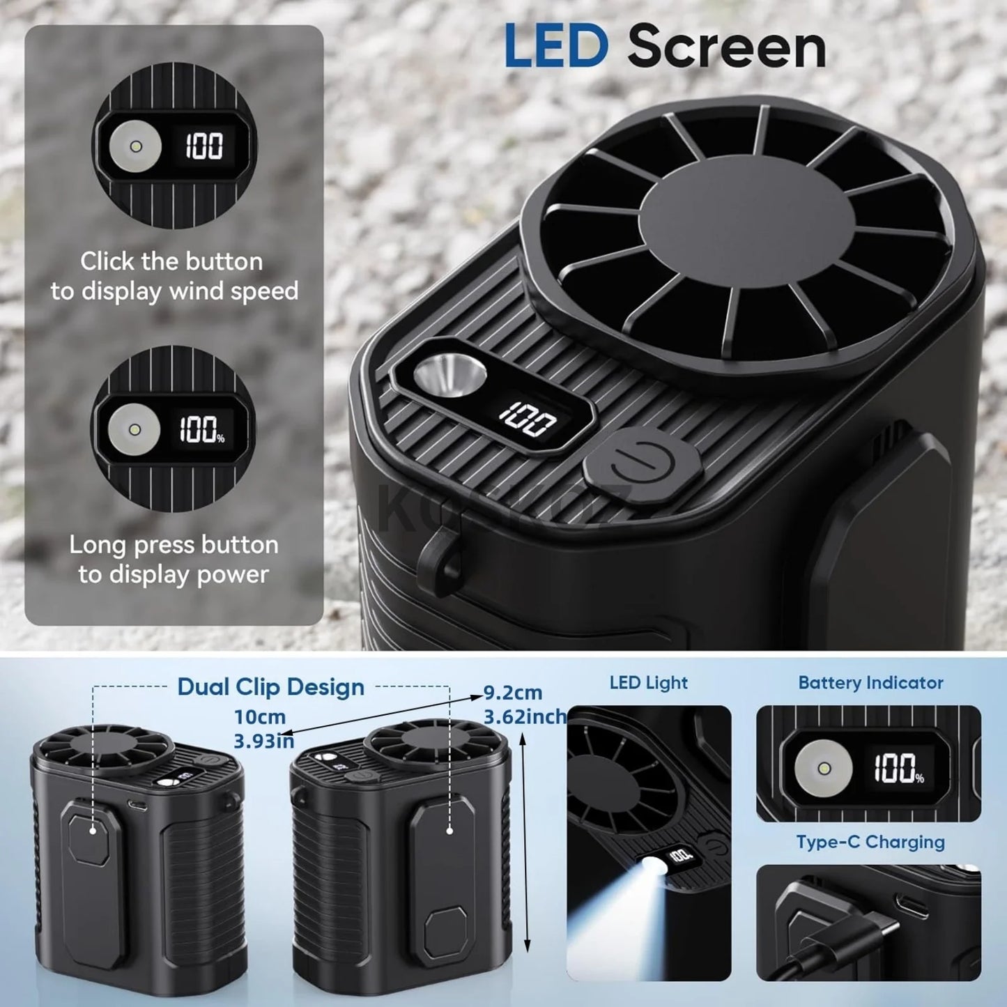 Portable Waist Fan, 10 Speed Fan with LED Light, Hands-Free Wearable Dual Clips Fans & Power Bank, for Camping, Outdoor, Jobsite