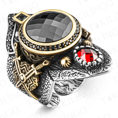 Double Sword Black Zirconia Men's Ring, Thumb Adjustable Ring