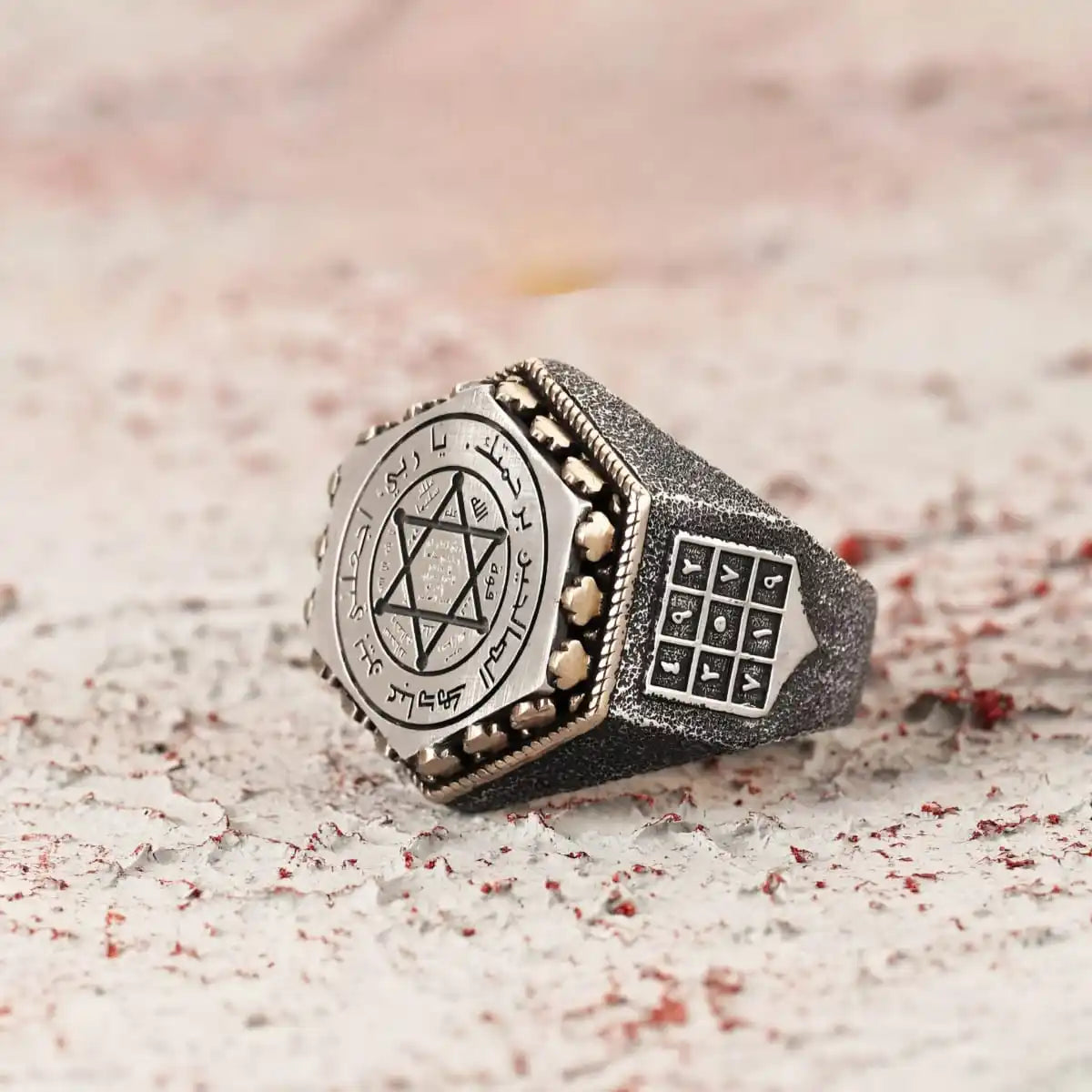 Men's Hexagonal Silver Ring with Seal of Solomon Embroidery