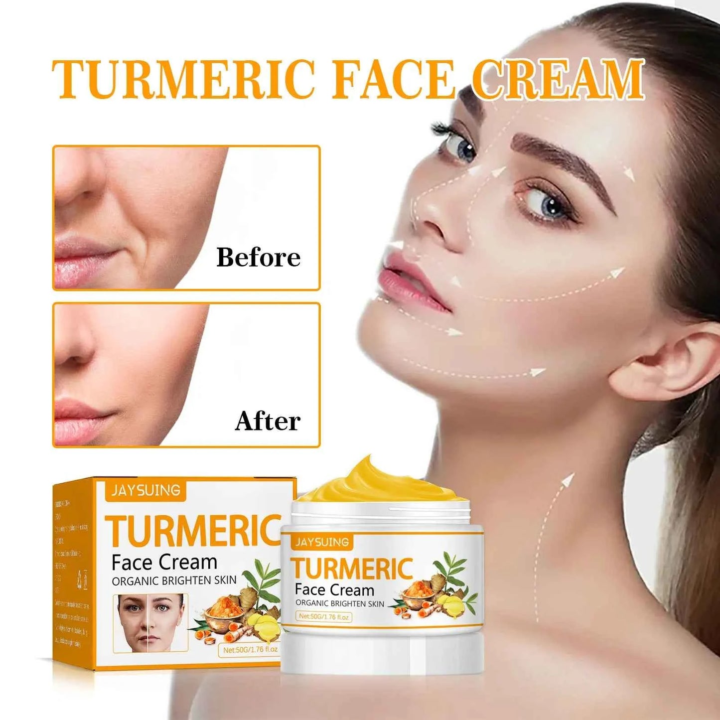 Jaysuing 50g Turmeric Firm Face Cream Fade Fine Lines Hydrating Oil Control Repair Dry Rough Skin Brightening Skin Care Cream