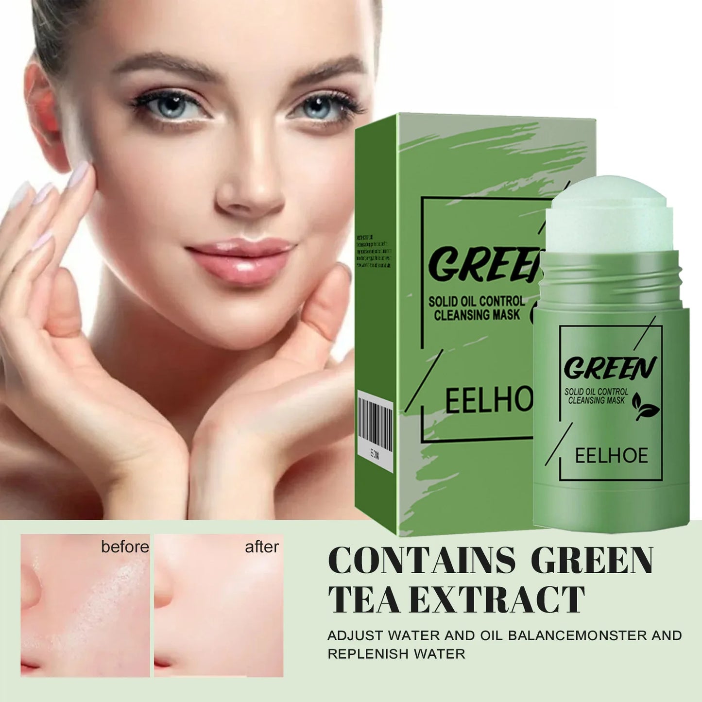 Eelhoe 40g Green Tea Cleansing Solid Face Mask Stick Acne Treatment Oil Control Moisture Remove Blackhead Clean Pores Face Mask - AMULET RING STORE