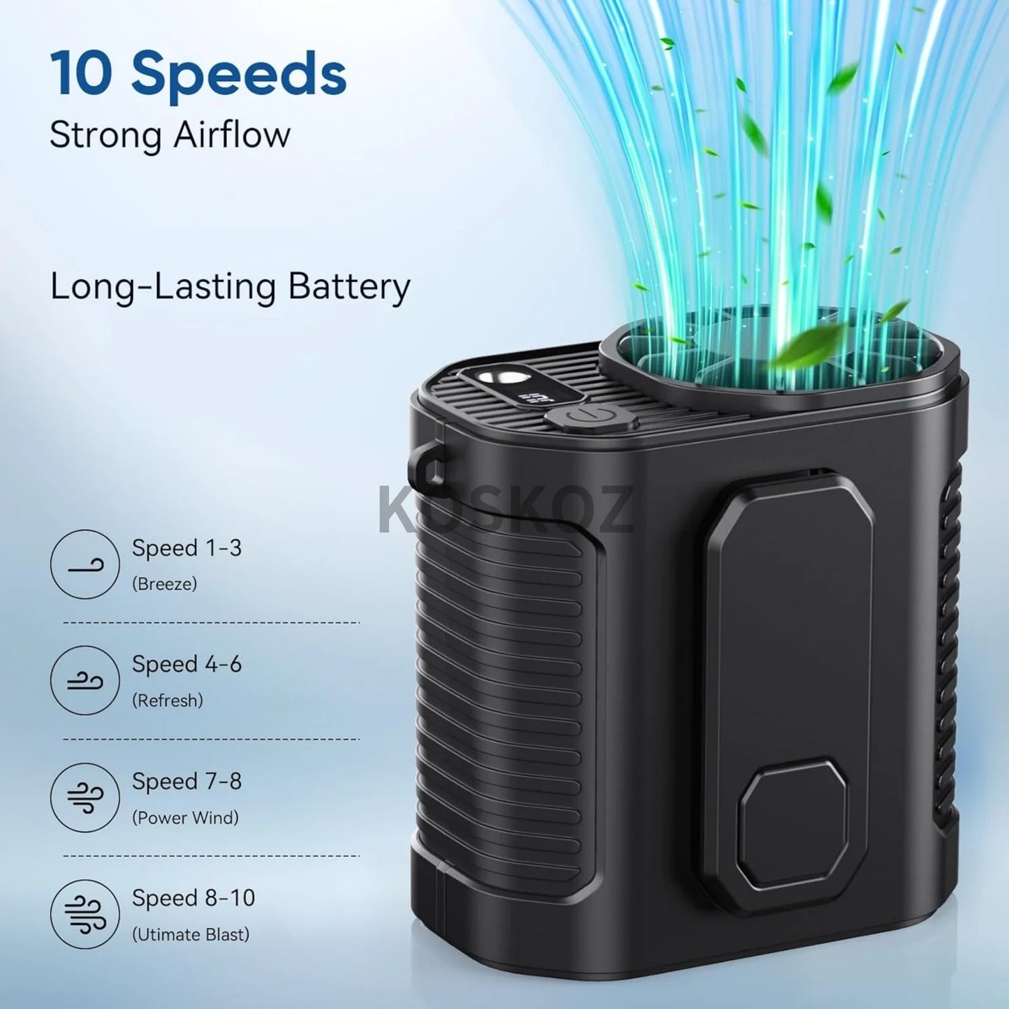 Portable Waist Fan, 10 Speed Fan with LED Light, Hands-Free Wearable Dual Clips Fans & Power Bank, for Camping, Outdoor, Jobsite