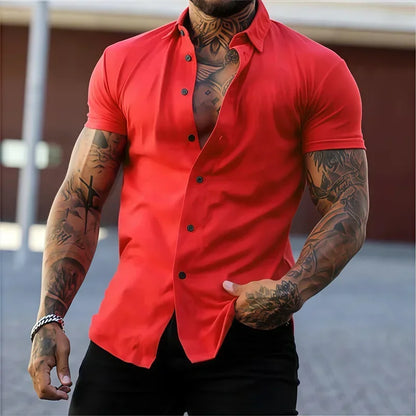Men's Lapel Solid Color Short Sleeve Shirt Elastic Thin Casual Cardigan Non-iron Holiday Business Shirt