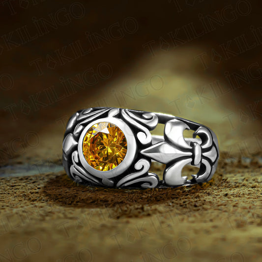 Solid 925 Sterling Silver Yellow Citrine Stone Wedding Band Men's Ring Signet Pull Punk Yellow Ring