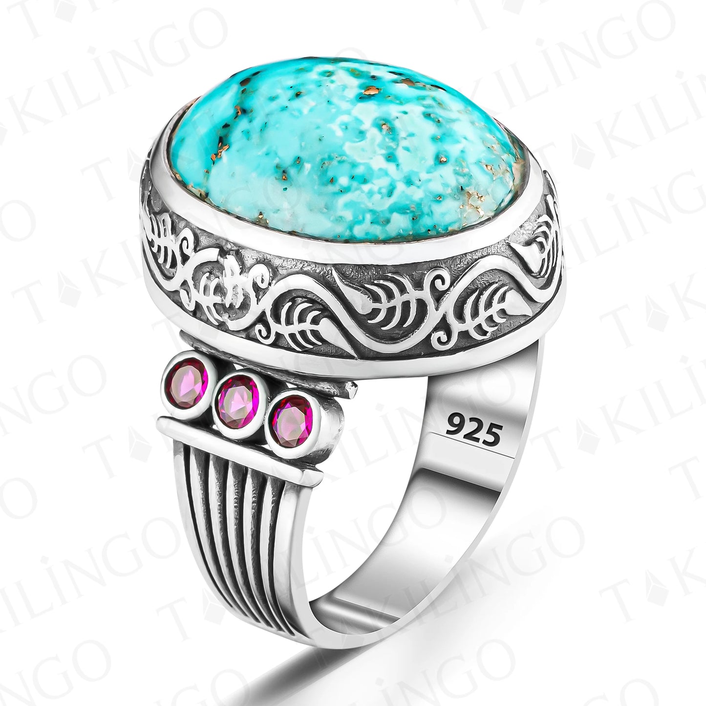 Vintage Handmade Turquoise Rings for Men - Solid 925 Sterling Silver Retro Original Turquoise Stone Men's Ring Cubic Zirconia