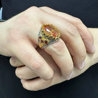 925 Sterling Silver Orange Citrine Stone Turkish Handmade Men's Ring Handmade Engraved Men's Silver Ring