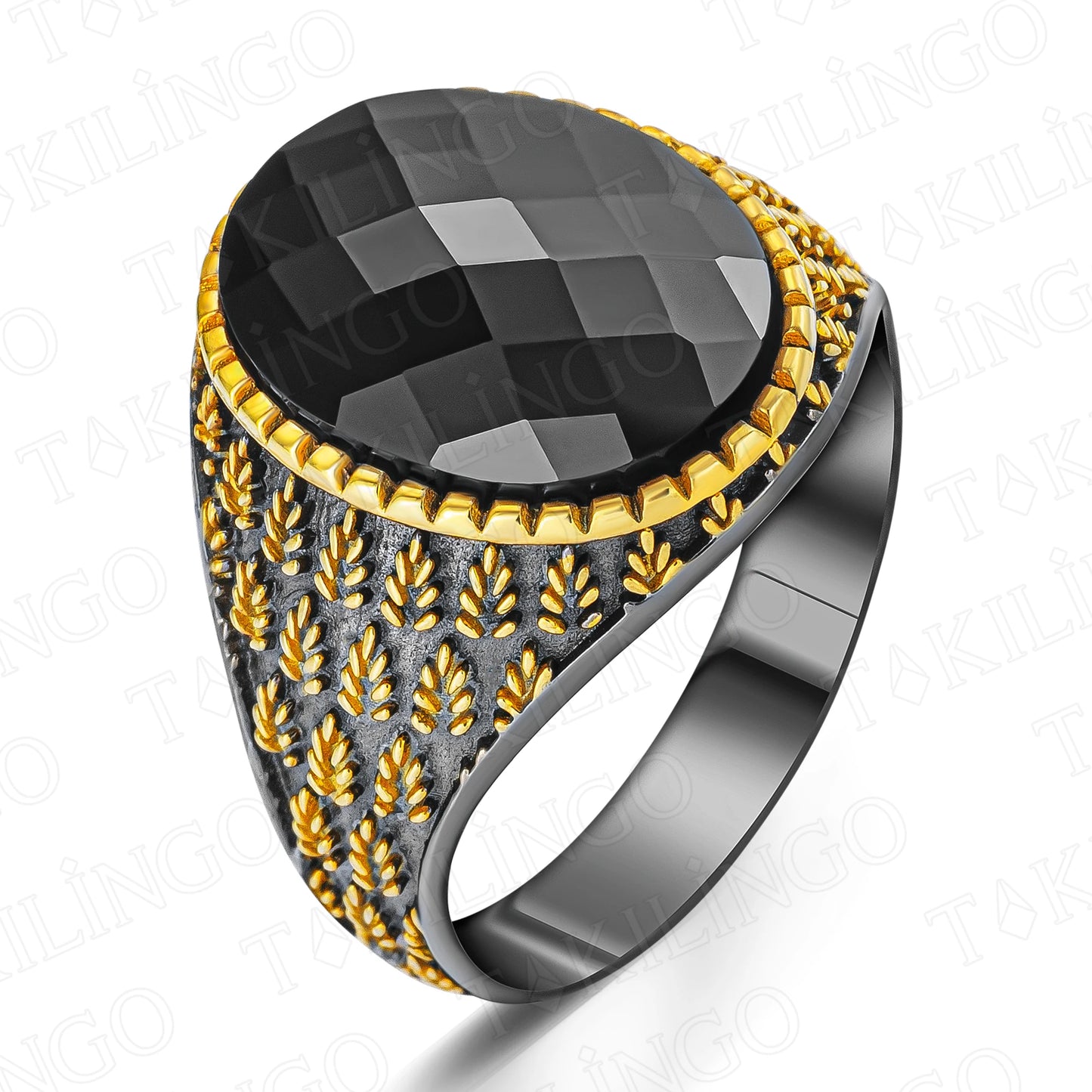 Gold-Plated 925 Sterling Silver Tree Motif Black Zircon Stone Men's Ring AMULET RING STORE