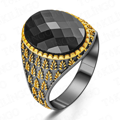 Gold-Plated 925 Sterling Silver Tree Motif Black Zircon Stone Men's Ring