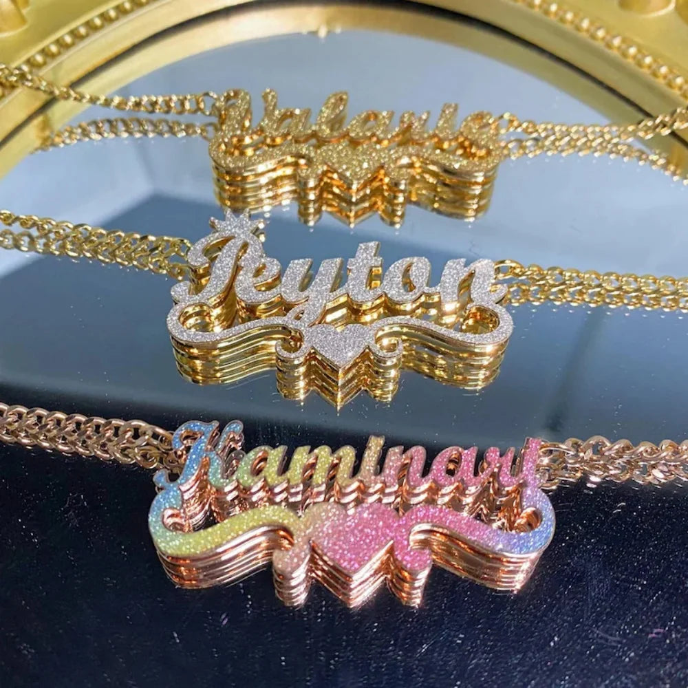 LeeChee Colorful Sticker Custom Double Layer Name Pendant Necklace Rainbow Sticker Necklace Jewelry Gift For Women