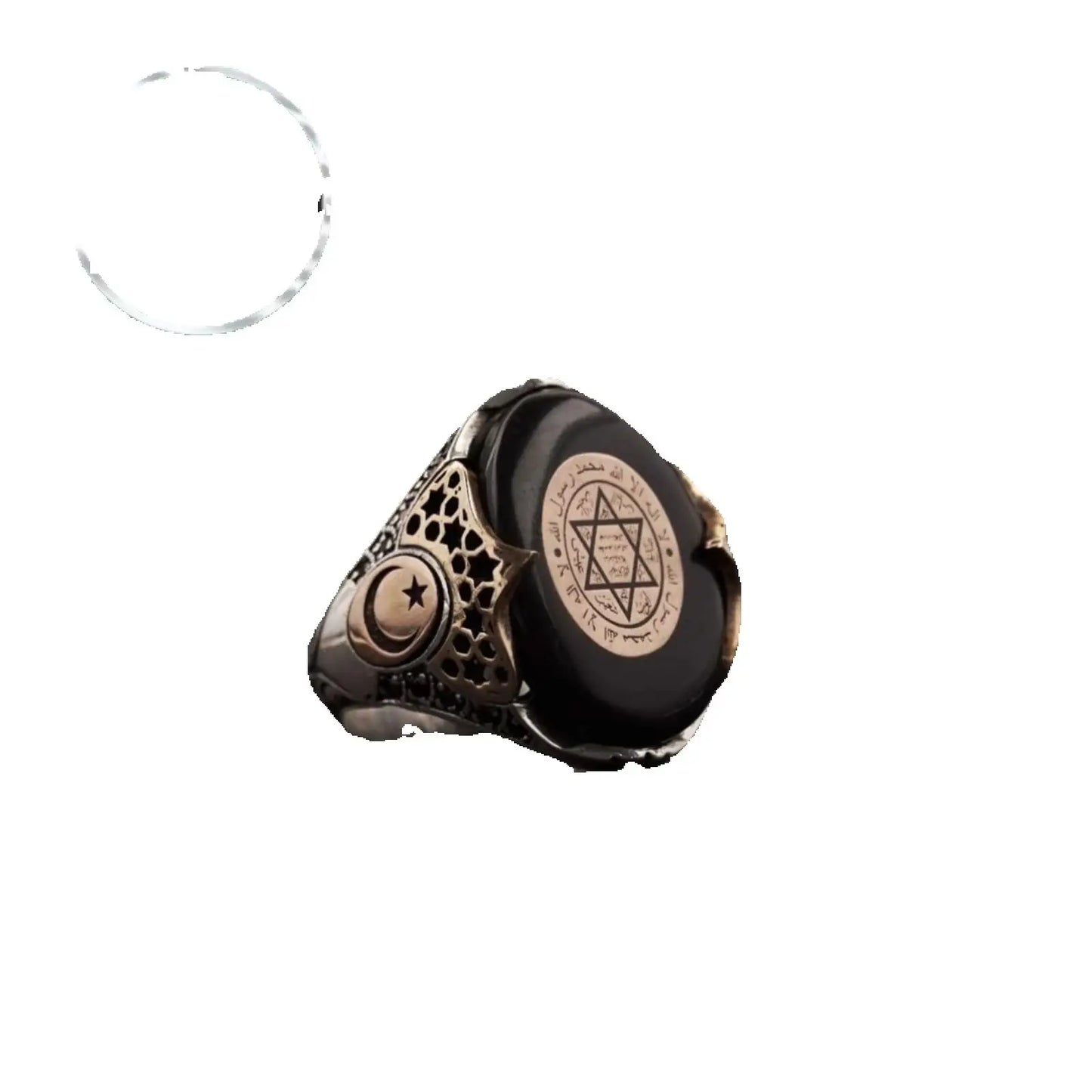 Black Amber Stone Seal Of Solomon Mens Silver Ring,