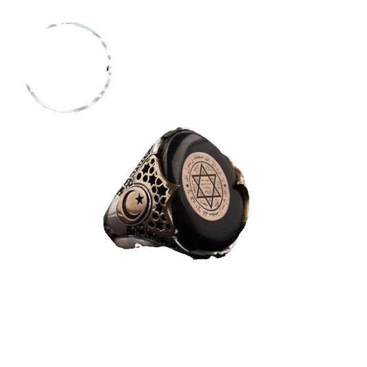 Black Amber Stone Seal Of Solomon Mens Silver Ring, AMULET RING STORE