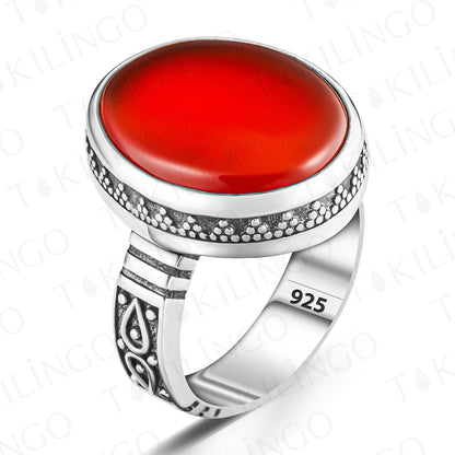 Yemeni Agate Rings for Men - Solid 925 Sterling Silver Retro Original Yemeni Stone Men's Ring