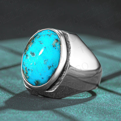 Original Turquoise Rings for Men - Ottoman Turkish Style 925 Sterling Silver Natural Oval Turquoise Ring