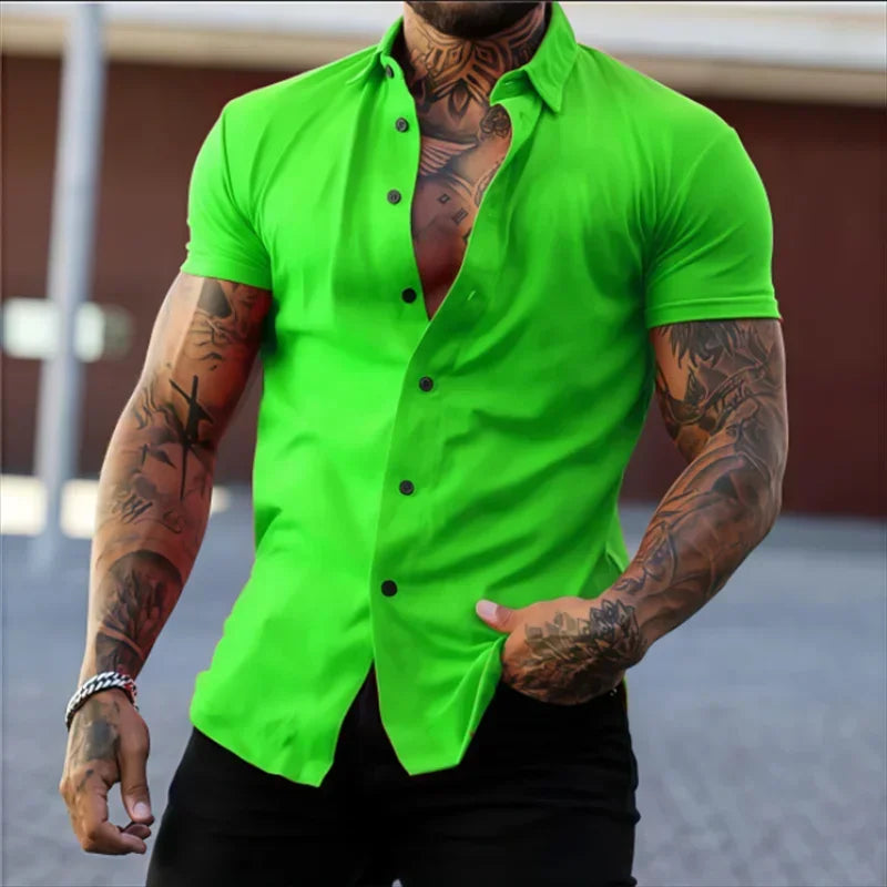 Men's Lapel Solid Color Short Sleeve Shirt Elastic Thin Casual Cardigan Non-iron Holiday Business Shirt