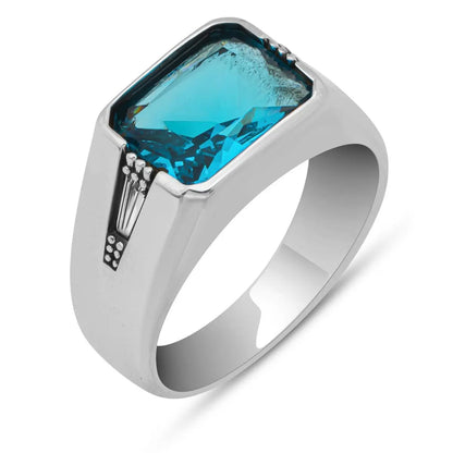 Elegant Design Cubic Zirconia Solid 925 Sterling Silver Blue Aquamarine Stone Men's Ring