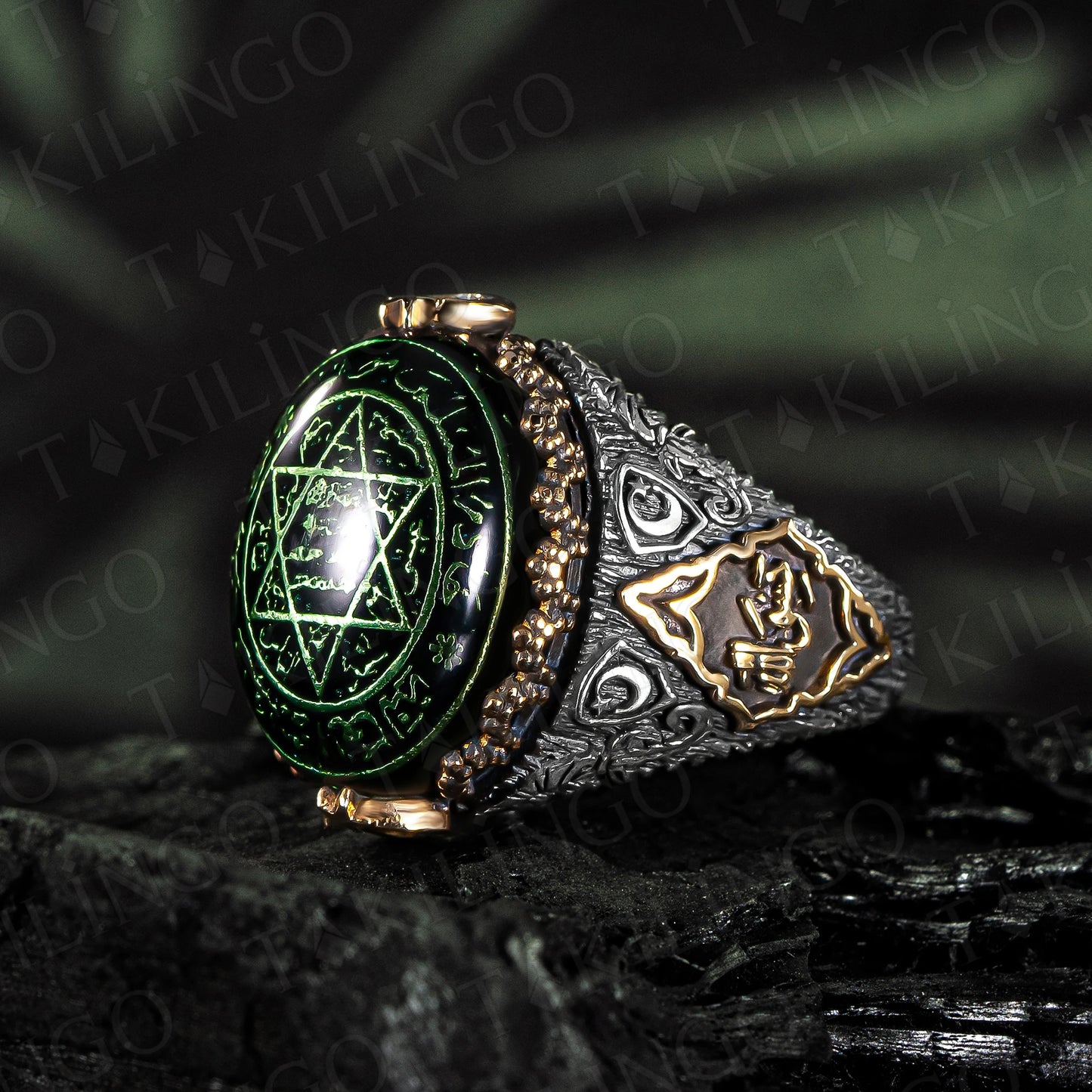 Solid 925 Sterling Silver Amber Seal of Solomon Talisman Moon Star Motif Islamic Turkish Handmade Amulet Men Ring