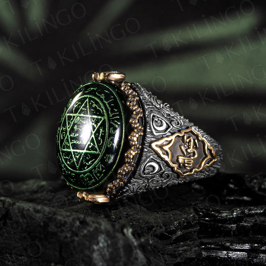 Solid 925 Sterling Silver Amber Seal of Solomon Talisman Moon Star Motif Islamic Turkish Handmade Amulet Men Ring