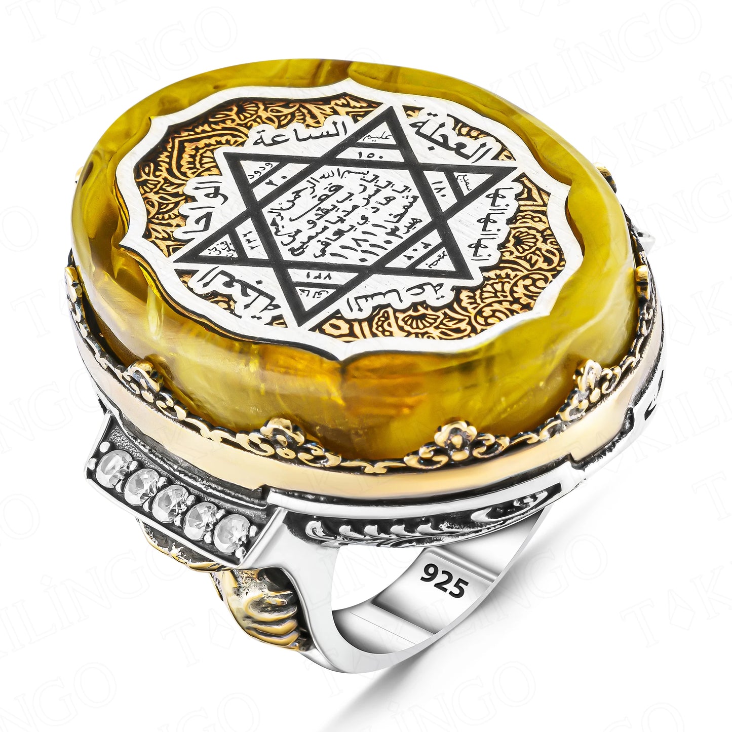 925 Sterling Silver Huge Seals of The Seven Archangels Amber Stone Mens Ring AMULET RING STORE