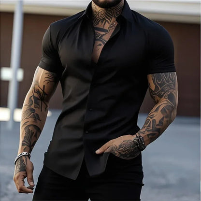 Men's Lapel Solid Color Short Sleeve Shirt Elastic Thin Casual Cardigan Non-iron Holiday Business Shirt