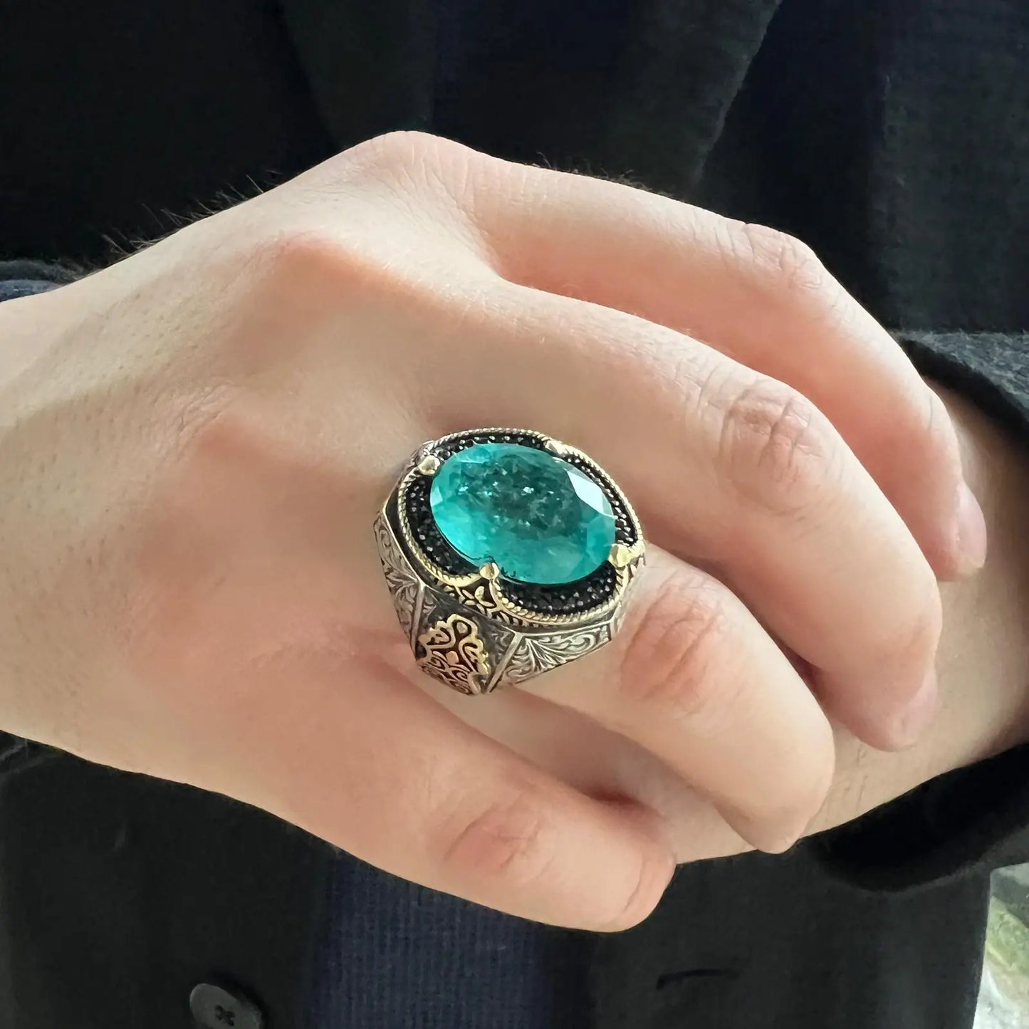 Elegant Solid 925 Sterling Silver Oval Ottoman Design Paraiba With Zircon Men's Ring Turkish Hanmade Silver Jewelry Gift For Men