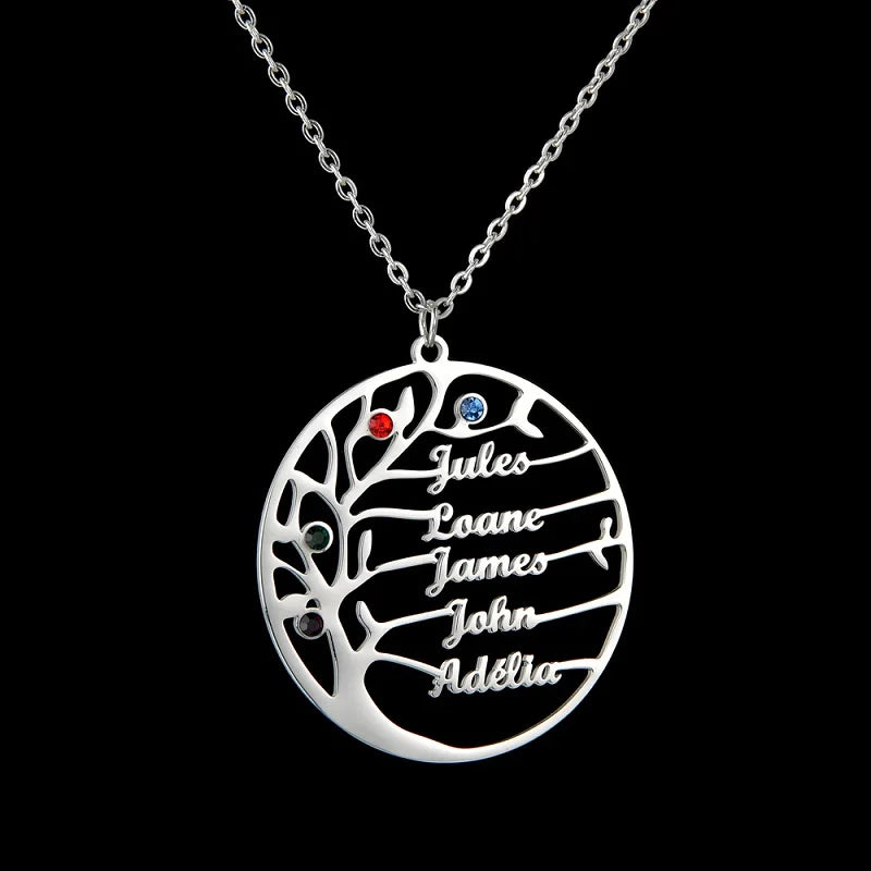 Custom Family Names Necklace Stainless Steel Personalized Name Pendant Tree Of Life 1-6 Names Birthstone For Women Birthday Gift