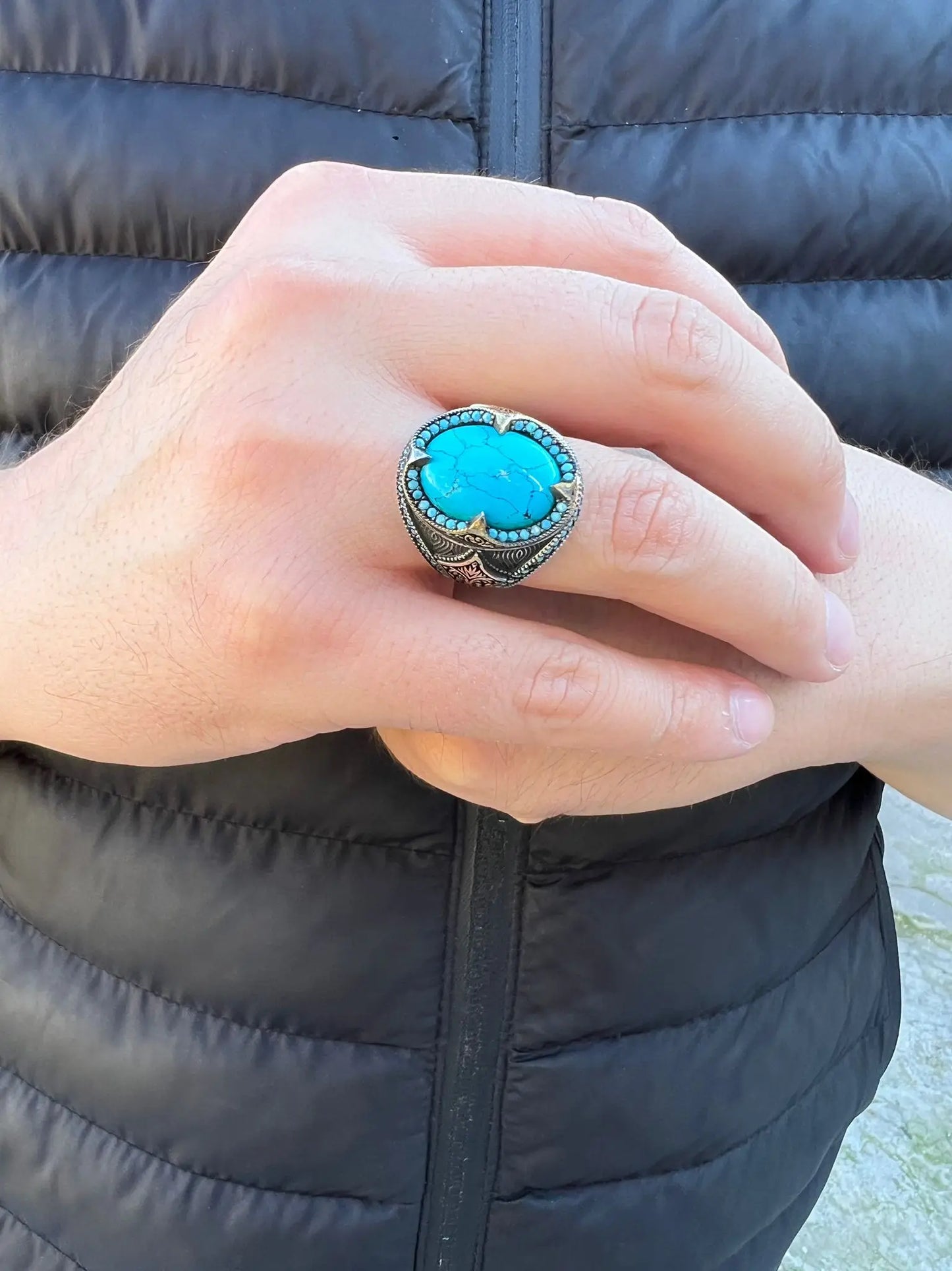 Elegant Stamped Solid 925 Sterling Silver Oval Turquoise Men's Ring Statement Handmade Jewelry Turkish Gift For Men Uniqe Design