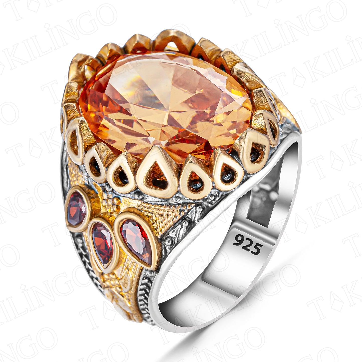 925 Sterling Silver Orange Citrine Stone Turkish Handmade Men's Ring Handmade Engraved Men's Silver Ring